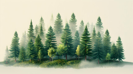 Foggy Old Growth Forest at Dawn   Early morning mist unveils mystery in ancient woodland. Isometric concept design with simple flat icons.