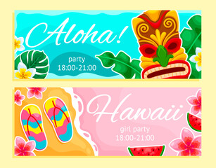 Tiki banner. Hawaiian beach bar poster background, hawaii aloha surf party decoration polynesian culture tribal totem mask flowers leaf summer design, ingenious vector illustration
