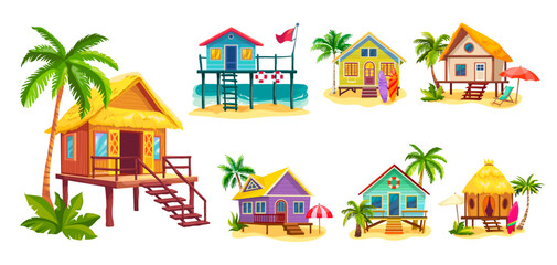 Cartoon beach houses. Shack house on beachfront, tiki bar cabin hut bungalow country building cottage in caribbean or australia island