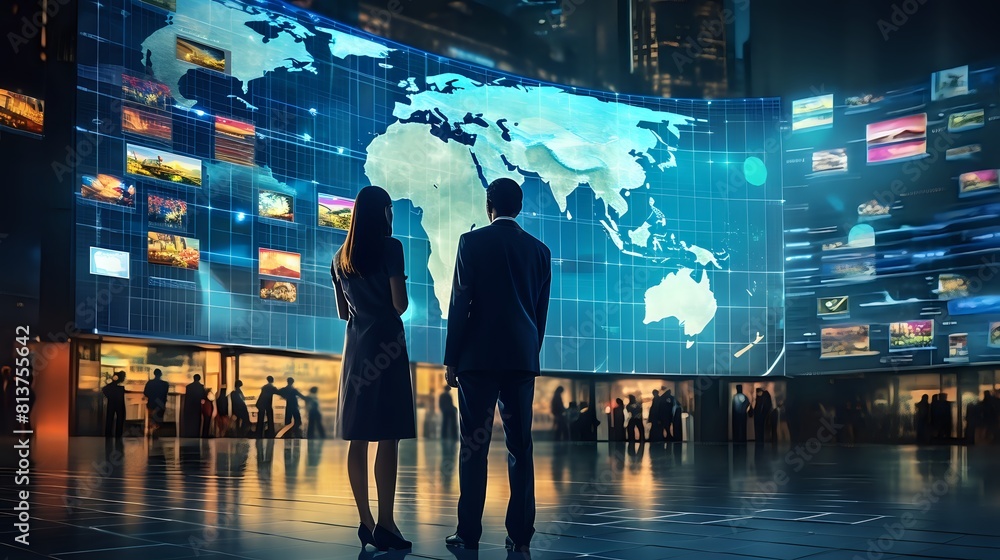 Poster a couple looking at a large screen with a map of the world on it
