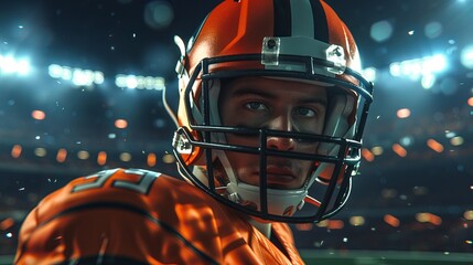 An American football player in full gear, focused and ready for the game