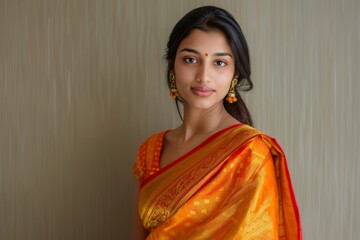 A young Indian woman wearing an orange sari poses for a photograph