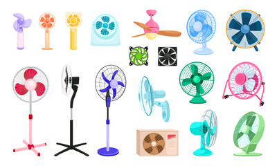 Cartoon electric fans. Electrical fan office industry or home appliance, cool air hot wind blower ventilator table rotating propeller climate control, ingenious vector illustration
