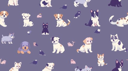 Pixel art seamless pattern with Puppies and Kittens.