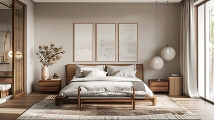 3 large thick wooden frames hanging on the wall of an elegant bedroom designed in the style of Japandi style 