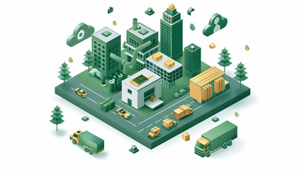 Green Supply Chain Optimization Concept for Sustainable Logistics: Flat Design Isometric Scene Reducing Carbon Emissions