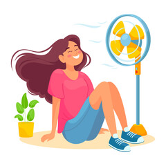 Woman cooling fan. Relaxing sweating girl enjoy cool wind electric ventilator in summer heat day, room propeller air breeze blowing on female person