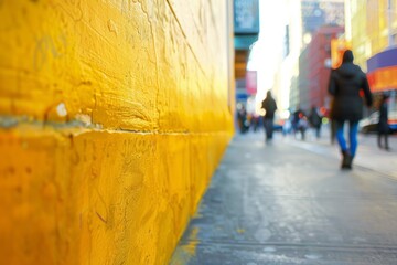 Group of individuals walking down a city street lined with a vibrant yellow wall, bustling with activity and movement - Powered by Adobe