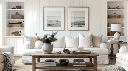 A beautiful living room with a white sofa wood coffee table and shelf wall art with four frames on...
