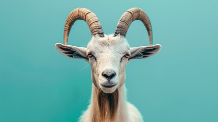 A goat with majestic horns on a solid blue background