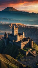 sunset over the village castle