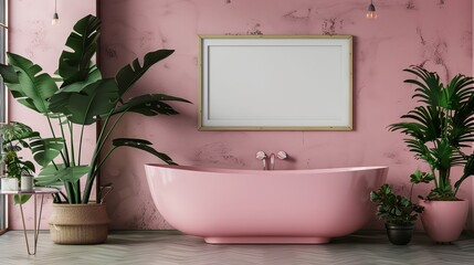 A modern bathroom with a pink bathtub, white blank framed poster on the wall, and a green plant decor, on a pink and grey background. 3D Rendering 