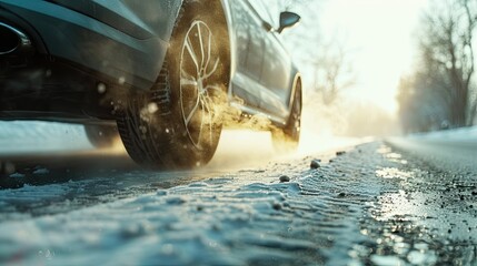 A car is driving on a snowy road with its tires leaving a trail of water. The scene is captured in a way that emphasizes the motion and the wetness of the road