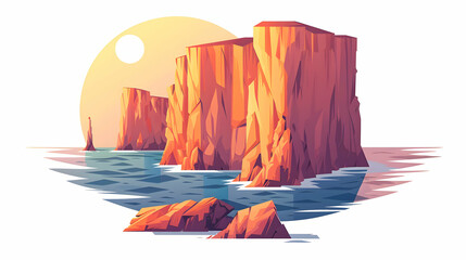 Majestic Coastal Cliffs at Sunset: The sun sets behind cliffs, casting a golden glow over the rugged shoreline. Flat design icon with an isometric scene.