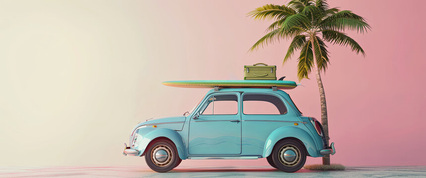 poster verano. conche retro, maleta tabla de surf. fondo rosa pastel