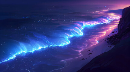 Midnight Glow on the Shore: Waves Crashing in Mystical Blue Glow   Isometric Flat Design Illustration of Dark Beach under Moonlight