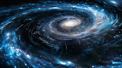 A spiral galaxy with many mathematical equations and formulae written all over it, seen from space in the style of various artists. 
