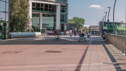 Naklejka premium Donaustadt Danube City timelapse is a modern quarter with skyscrapers and business centres in Vienna, Austria.