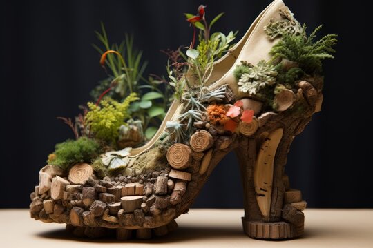 Beautiful handmade shoe made of wood, moss, twigs, flowers and other materials. The concept of eco-friendly consumption, eco-friendly production