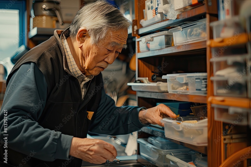 Poster an old man is looking through a shelf of items. the shelf is full of various items, including a few 