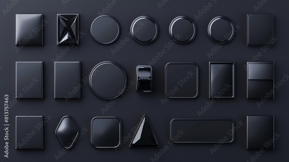 Poster black buttons for ui app. modern 3d design elements for user interface. blank circles, triangles and