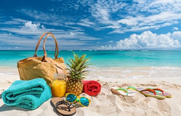 Ilustraci&oacute;n playa. concepto verano. bolsa, pi&ntilde;a, toalla