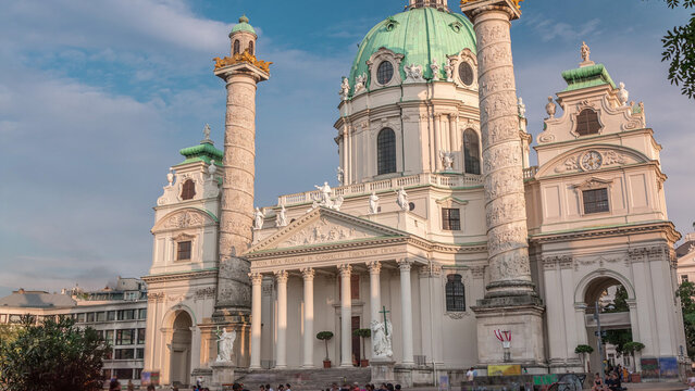 Karlskirche on the Karlsplatz square timelapse in Vienna, Austria.