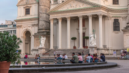 Karlskirche on the Karlsplatz square timelapse in Vienna, Austria.