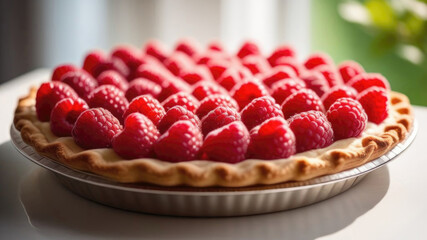 Food photography of raspberry pie decorated with powdered sugar on white plate white table, homemade vitamin cake with fresh berries, close-up, soft focus