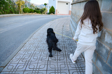 Rear view little girl walking her dog on the street. Elementary age kid spending time with her...