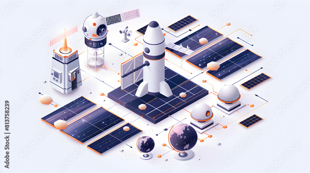 Poster cutting edge space navigation systems: isometric flat design icon concept for guiding spacecraft thr