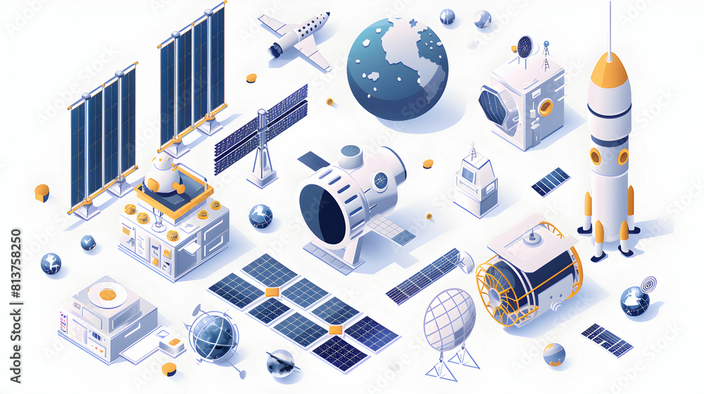 Poster cutting edge space navigation systems: isometric presentation of advanced technology for guiding spa