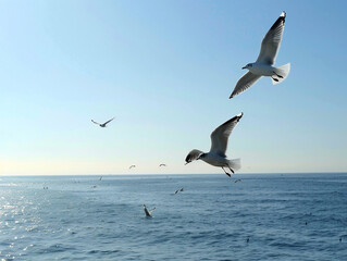 Fototapeta na wymiar A flock of seagulls soar gracefully over the sparkling blue ocean on a sunny day.