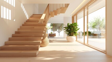 A bright and airy hallway with natural wood accents featuring wooden staircase 