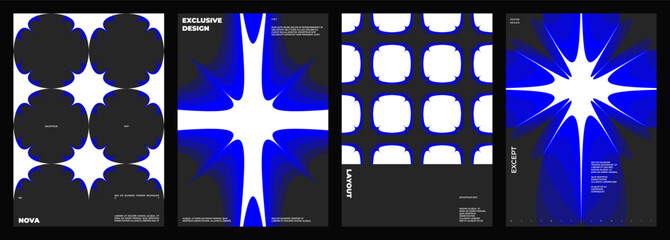 Set of four posters design. Vertical A4 format. Vector banner with neon illustration. Vector blue light abstract art.