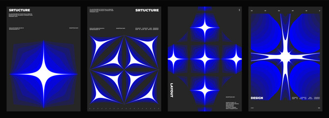 Set of four posters design. Vertical A4 format. Vector banner with neon illustration. Vector blue light abstract art.