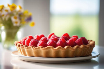 Food photography of raspberry pie decorated with powdered sugar on white plate white table, homemade vitamin cake with fresh berries, close-up, soft focus