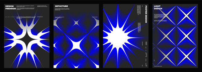 Set of four posters design. Vertical A4 format. Vector banner with neon illustration. Vector blue light abstract art.