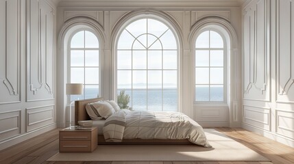 Classical home bedroom interior with bed and panoramic window.
