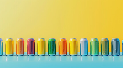 An array of colorful beer cans is arranged in a neat row against a clean, solid-color background, creating a visually appealing and minimalist composition. The vibrant colors of the cans pop 