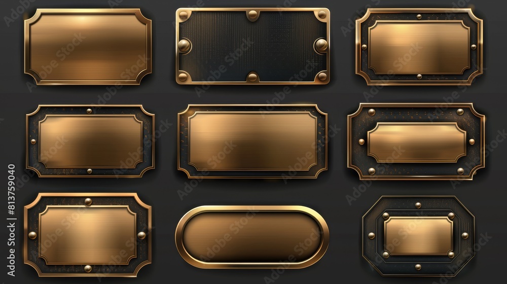 Poster empty golden nameplate mockup, with rounded, oval, rectangular frames isolated on transparent backgr