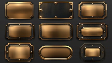 Empty golden nameplate mockup, with rounded, oval, rectangular frames isolated on transparent background, realistic 3D modern set.