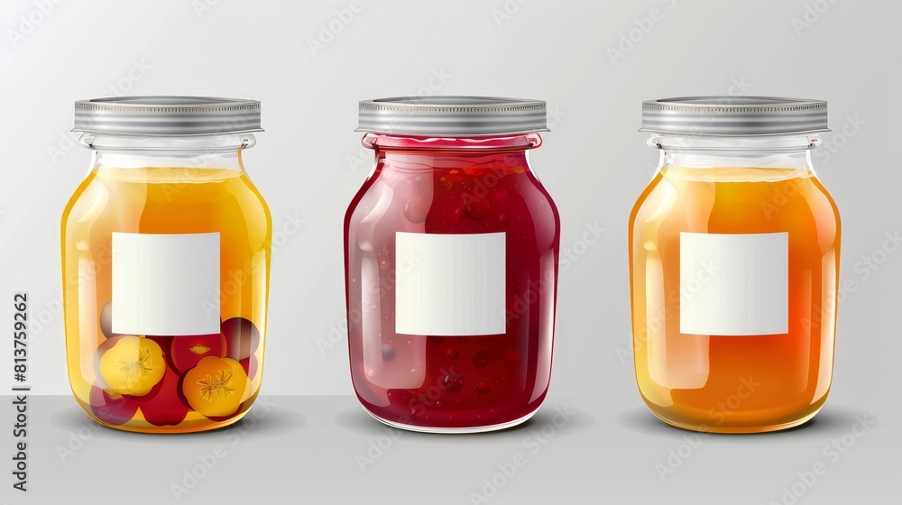 Poster a realistic mock up of a set of glass jars with jam and blank labels. a template of preserve packagi