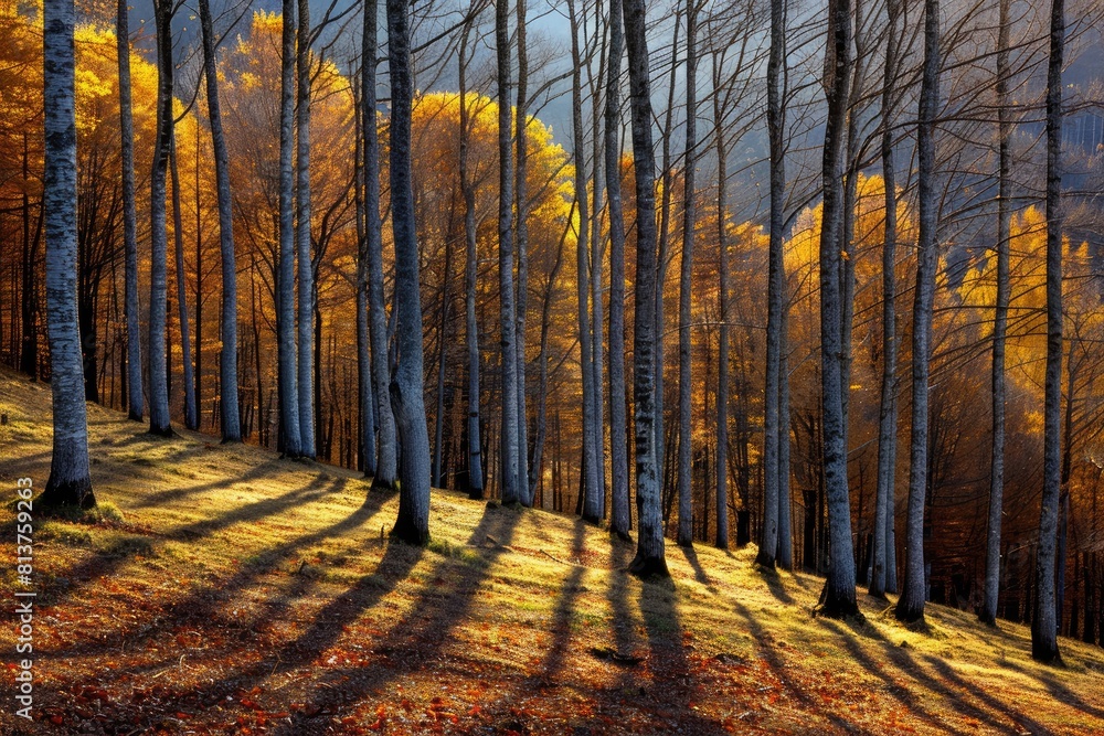 Poster a forest with trees in autumn colors. the trees are tall and the leaves are yellow. the sun is shini