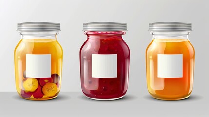 A realistic mock up of a set of glass jars with jam and blank labels. A template of preserve packaging in transparent bottles with steel caps and white labels.