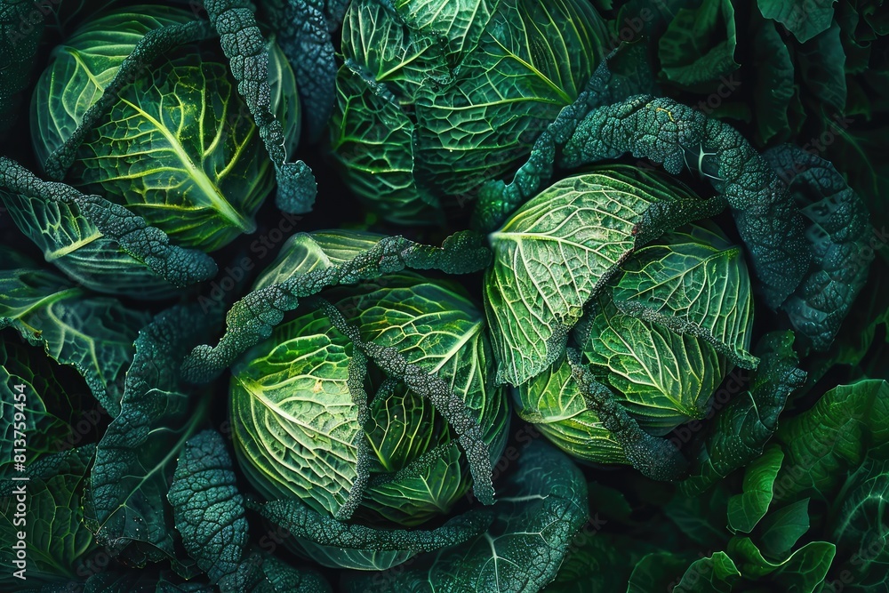Poster three large green cabbage heads are displayed in a garden setting