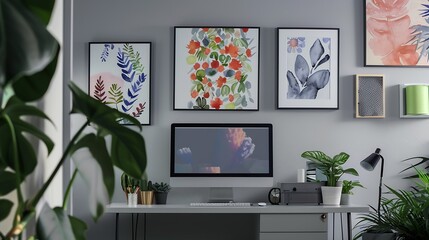 Patterned posters above desk with computer monitor in grey home office interior with plants : Generative AI