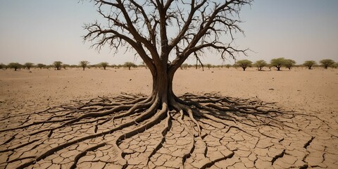 wallpaper representing a landscape of desolation due to global warming. We can see a dry tree planted in the middle of a desert.