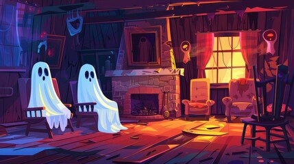A banner showing a cartoon illustration of ghosts in an abandoned living room with broken furniture at night in a haunted house. This could be used for a Halloween party or scary show.