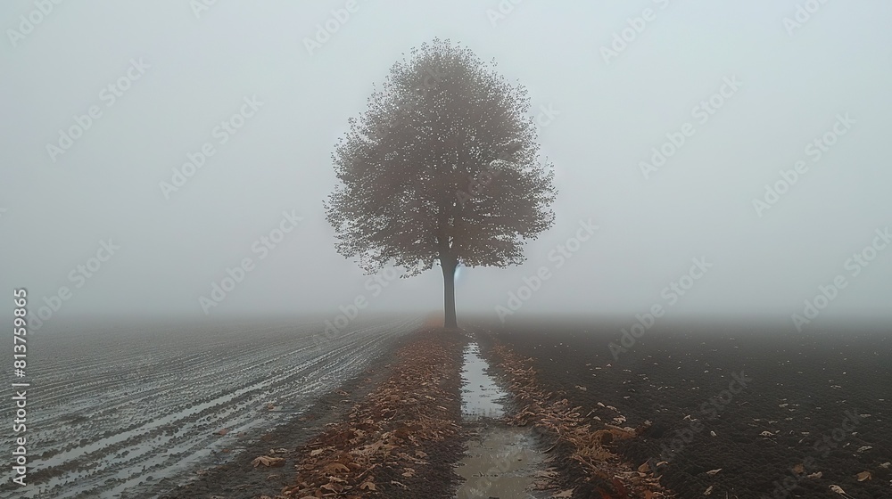Poster foggy field with a solitary tree in the center and a path leading to it